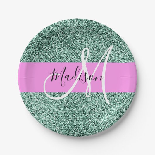 Chic Glam Roze Groen Glitter Sparkle Name Monogram Papieren Bordje (Voorkant)