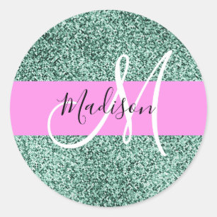 Chic Glam Roze Groen Glitter Sparkle Name Monogram Ronde Sticker