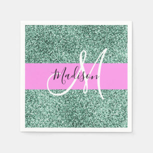 Chic Glam Roze Groen Glitter Sparkle Name Monogram Servet