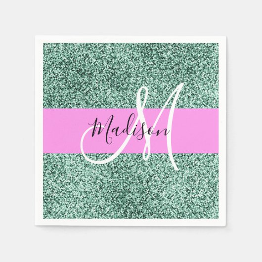 Chic Glam Roze Groen Glitter Sparkle Name Monogram Servet (Voorkant)
