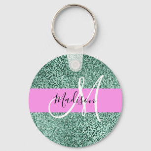 Chic Glam Roze Groen Glitter Sparkle Name Monogram Sleutelhanger
