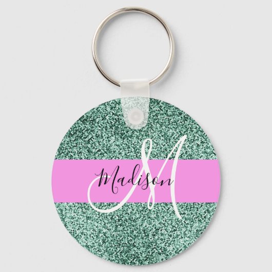 Chic Glam Roze Groen Glitter Sparkle Name Monogram Sleutelhanger (Voorkant)