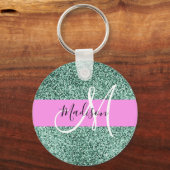 Chic Glam Roze Groen Glitter Sparkle Name Monogram Sleutelhanger (Voorkant)