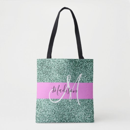 Chic Glam Roze Groen Glitter Sparkle Name Monogram Tote Bag (Voorkant)