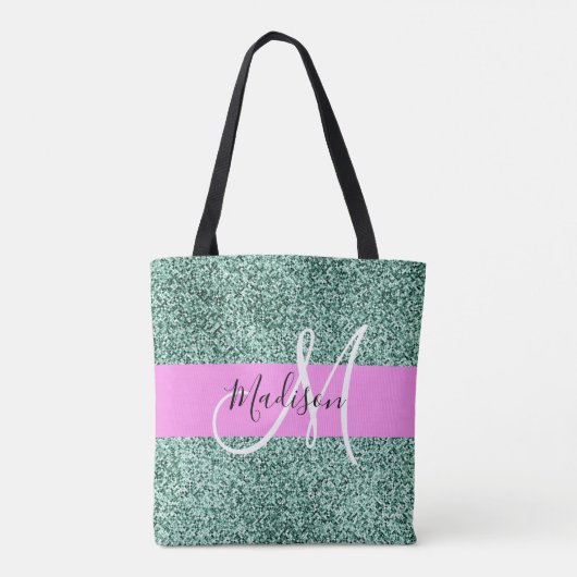 Chic Glam Roze Groen Glitter Sparkle Name Monogram Tote Bag (Achterkant)