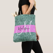 Chic Glam Roze Groen Glitter Sparkle Name Monogram Tote Bag (Dichtbij)