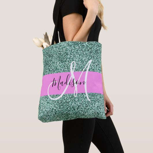 Chic Glam Roze Groen Glitter Sparkle Name Monogram Tote Bag (Dichtbij)