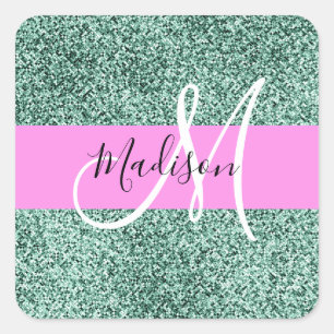 Chic Glam Roze Groen Glitter Sparkle Name Monogram Vierkante Sticker