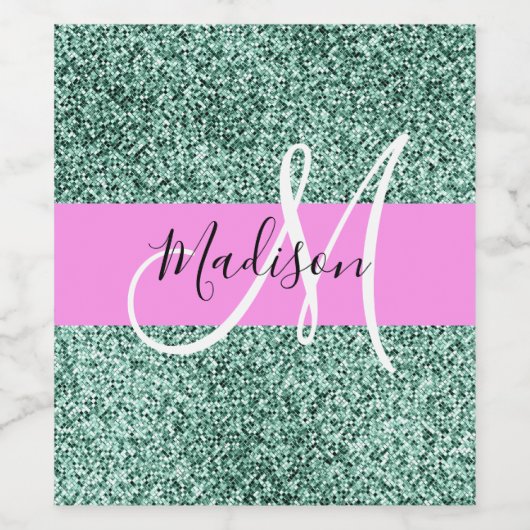 Chic Glam Roze Groen Glitter Sparkle Name Monogram Wijn Etiket (Enkel label)