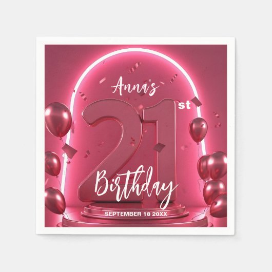 Chic Glam Vibrant Pink Neon Glow 21st Birthday Servet (Voorkant)