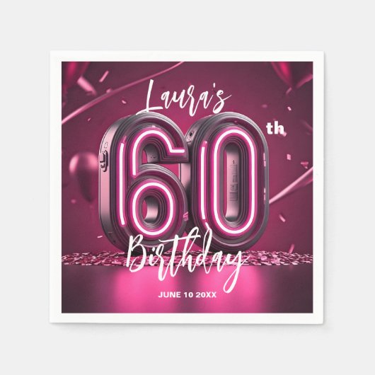 Chic Glam Vibrant Pink Neon Glow 60th Birthday Servet (Voorkant)