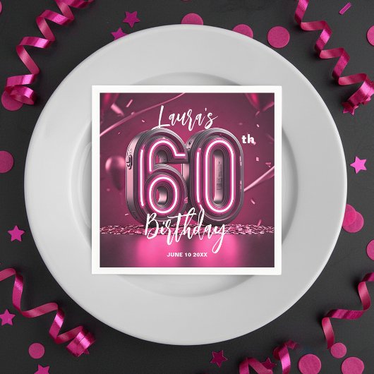 Chic Glam Vibrant Pink Neon Glow 60th Birthday Servet
