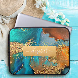 Chic glam waterverf marble gold turquoise oranje laptop sleeve
