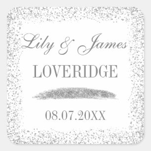 Chic Glam White & Grey Silver Glitter Wedding Vierkante Sticker