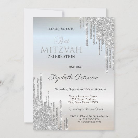Chic Glitter bestuurt zilver Bat Mitzvah Kaart (Voorkant)
