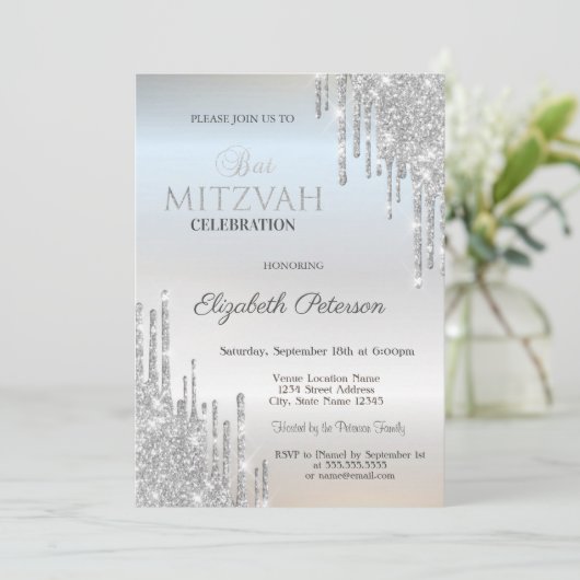 Chic Glitter bestuurt zilver Bat Mitzvah Kaart (Staand voorkant)