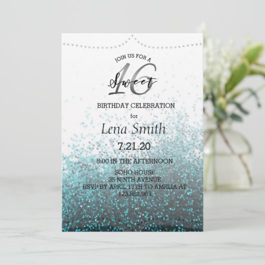 Chic Glitter Blue Confetti Sweet 16 Birthday Kaart (Staand voorkant)