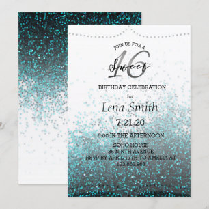 Chic Glitter Blue Confetti Sweet 16 Birthday Kaart