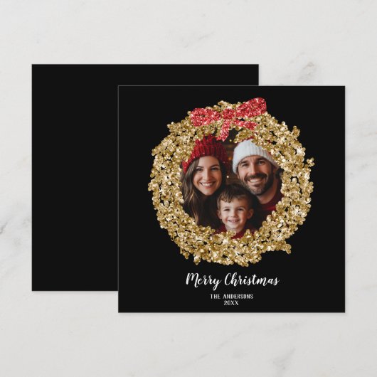 Chic Glitter Bow Vrolijke Kerstkrans Foto Kaart (Voorkant / Achterkant)