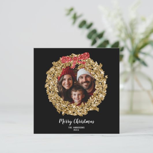 Chic Glitter Bow Vrolijke Kerstkrans Foto Kaart (Staand voorkant)