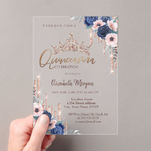 Chic Glitter Crown Drop, Blue Rozen Quinceañera Acryl Uitnodigingen
