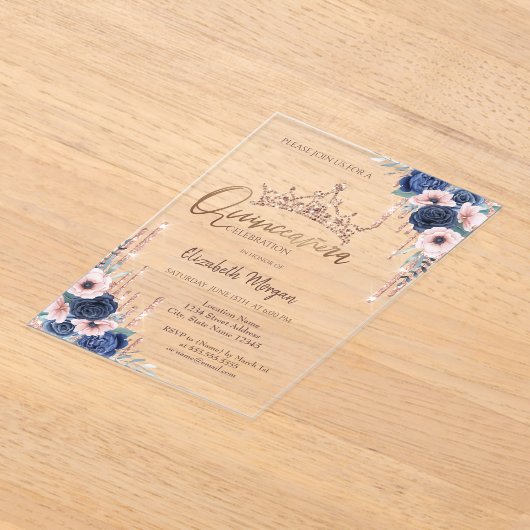 Chic Glitter Crown Drop, Blue Rozen Quinceañera Acryl Uitnodigingen (Laagn)
