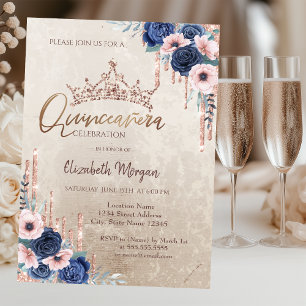 Chic Glitter Crown Drop, Blue Rozen Quinceañera Kaart