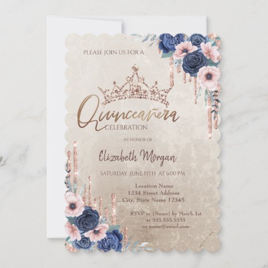 Chic Glitter Crown Drop, Blue Rozen Quinceañera Kaart (Voorkant)