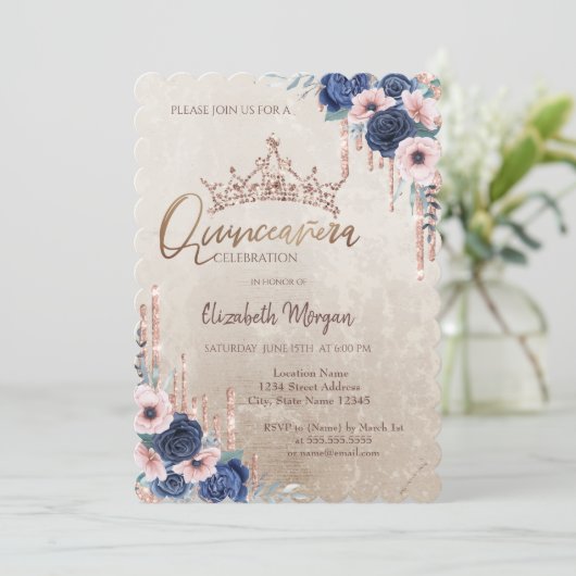 Chic Glitter Crown Drop, Blue Rozen Quinceañera Kaart (Staand voorkant)