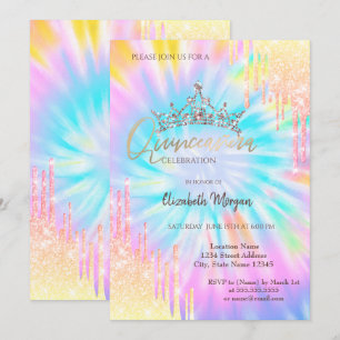 Chic Glitter Crown Drop Tie Dye Quinceañera Kaart
