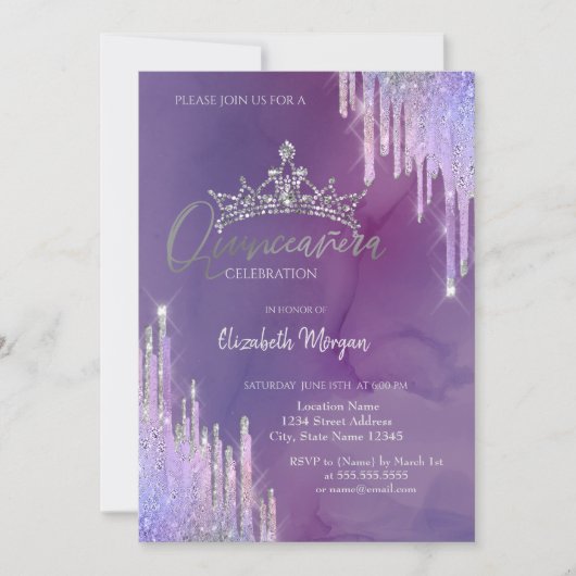 Chic Glitter Crown Drop Violet Quinceañera Kaart (Voorkant)
