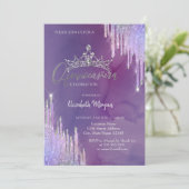 Chic Glitter Crown Drop Violet Quinceañera Kaart (Staand voorkant)
