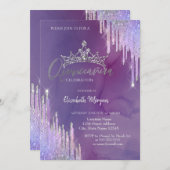 Chic Glitter Crown Drop Violet Quinceañera Kaart (Voorkant / Achterkant)