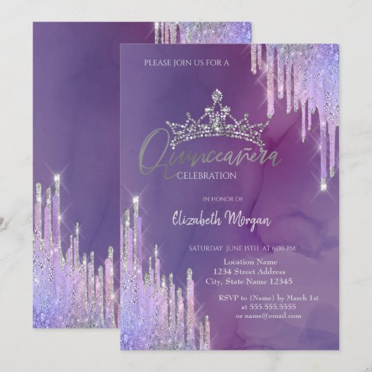 Chic Glitter Crown Drop Violet Quinceañera Kaart (Voorkant / Achterkant)