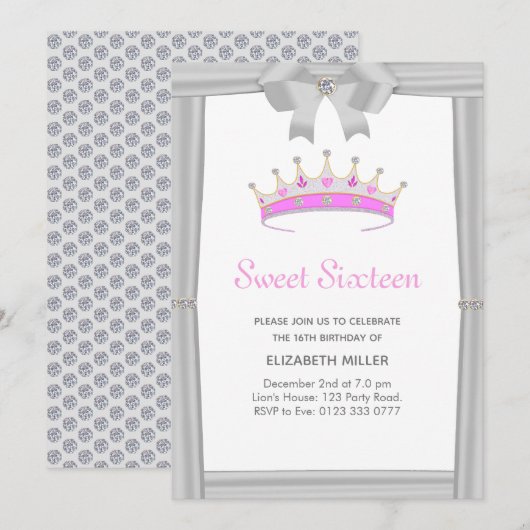 Chic Glitter Diamond Crown Sweet Sixteen Kaart (Voorkant / Achterkant)