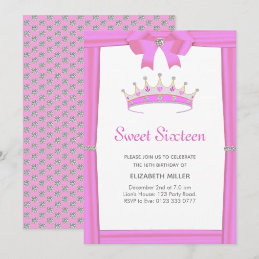 Chic Glitter Diamond Crown Sweet Sixteen Kaart (Voorkant / Achterkant)