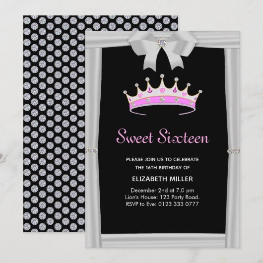 Chic Glitter Diamond Crown Sweet Sixteen Kaart (Voorkant / Achterkant)