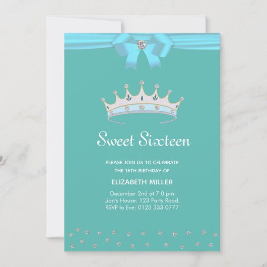 Chic Glitter Diamond Sweet Sixteen op Blauwgroen Kaart (Voorkant)