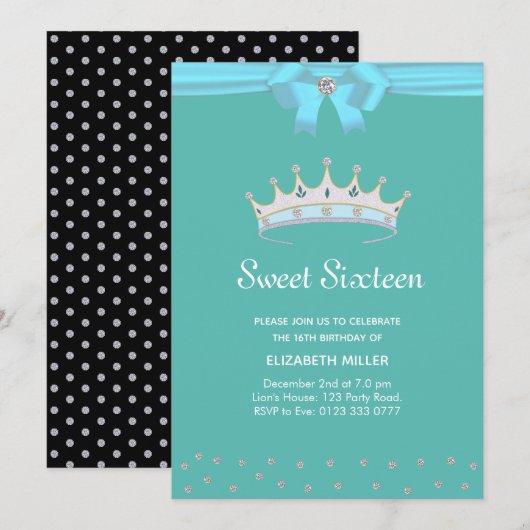 Chic Glitter Diamond Sweet Sixteen op Blauwgroen Kaart (Voorkant / Achterkant)