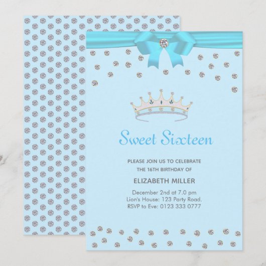 Chic Glitter Diamond Sweet Sixteen op Light Blue Kaart (Voorkant / Achterkant)