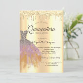 Chic Glitter Dress, Gold Drivers Quinceañera Kaart (Staand voorkant)