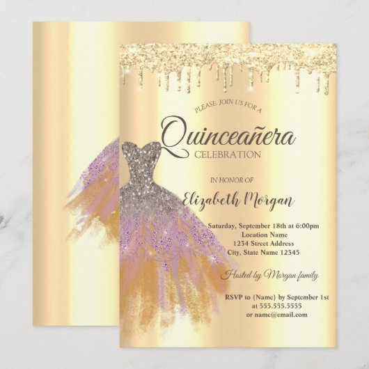 Chic Glitter Dress, Gold Drivers Quinceañera Kaart (Voorkant / Achterkant)