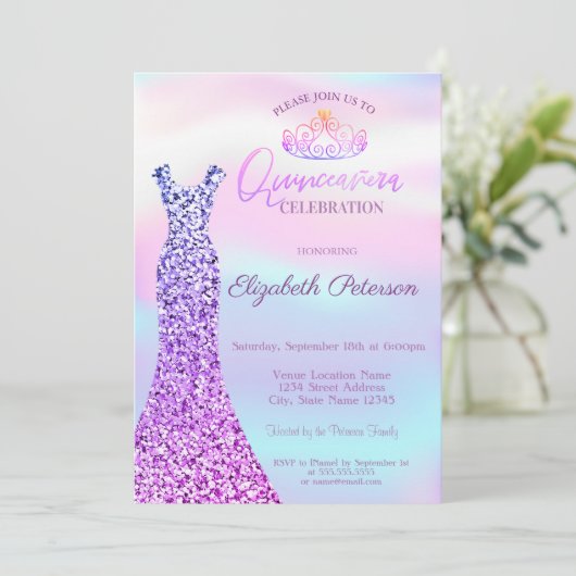 Chic Glitter Dress, Tiara Holographic Quinceañera Kaart (Staand voorkant)