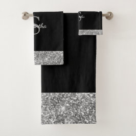 Chic Glitter Drift Sparkle Silver Black Monogram Bad Handdoek