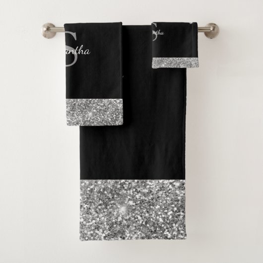 Chic Glitter Drift Sparkle Silver Black Monogram Bad Handdoek (Insitu)