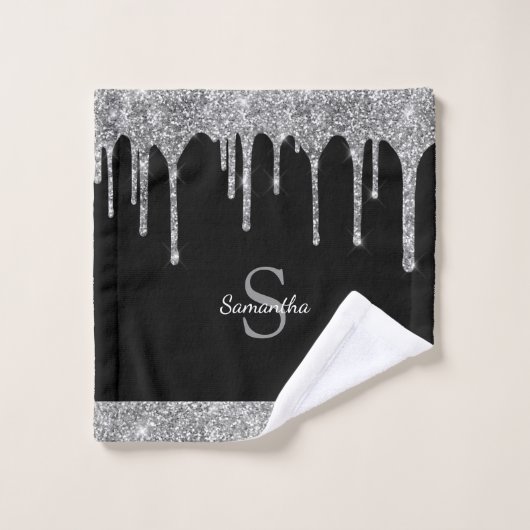 Chic Glitter Drift Sparkle Silver Black Monogram Bad Handdoek (Wasdoekje)
