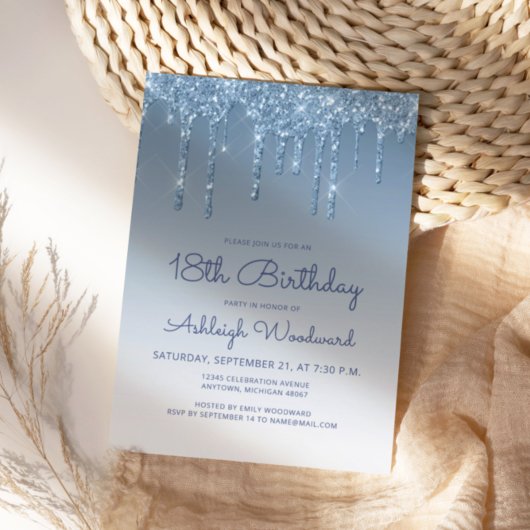 Chic Glitter Drip Blauw 18e Verjaardag Kaart