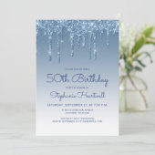 Chic Glitter Drip Blauw 50e Verjaardag Kaart (Staand voorkant)