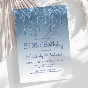 Chic Glitter Drip Blauw 50ste Verjaardag Kaart