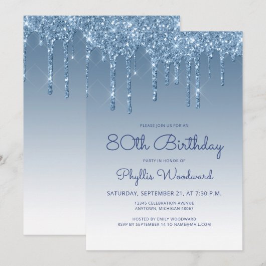 Chic Glitter Drip Blauw 80ste Verjaardag Kaart (Voorkant / Achterkant)